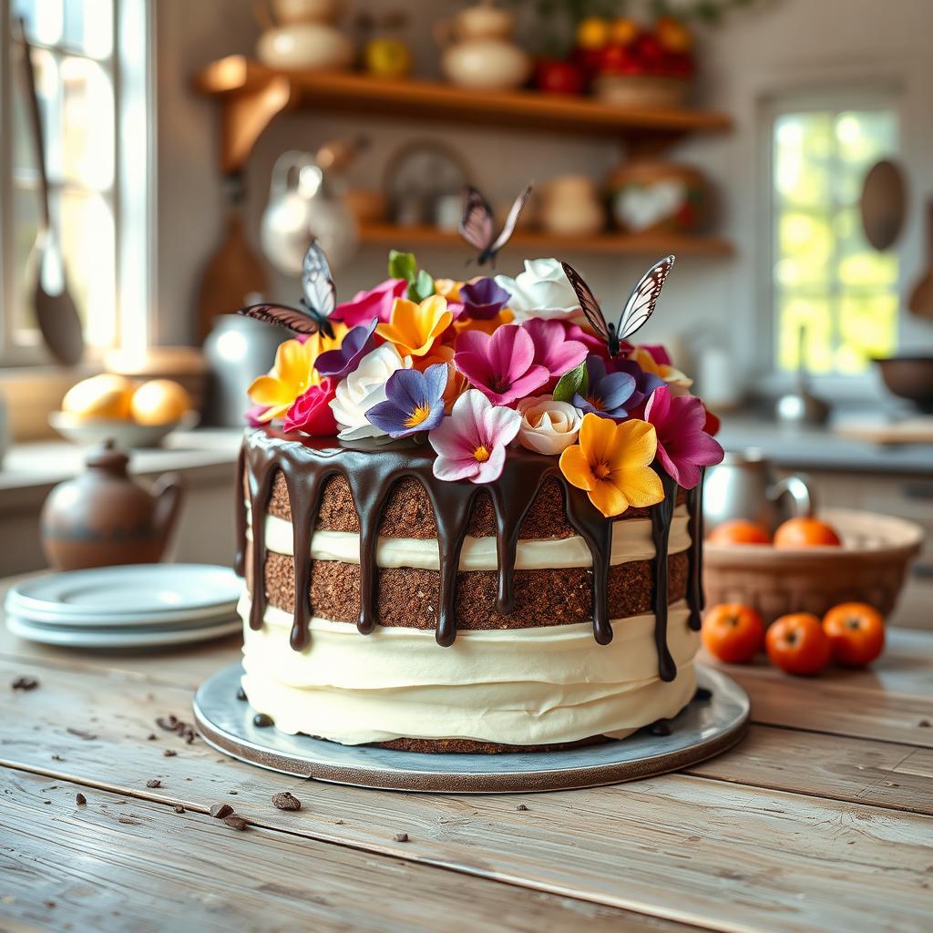 A beautifully decorated cake, featuring layers of rich chocolate and vanilla sponge, elegantly frosted with smooth buttercream icing