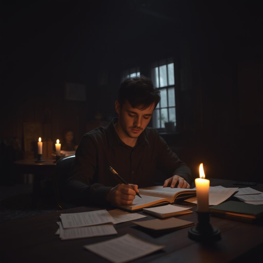 A young man with a blurred face, immersed in writing his thoughts in a dimly lit room