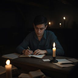 A young man with a blurred face, immersed in writing his thoughts in a dimly lit room
