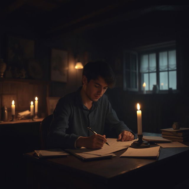 A young man with a blurred face, immersed in writing his thoughts in a dimly lit room