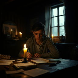A young man with a blurred face, immersed in writing his thoughts in a dimly lit room