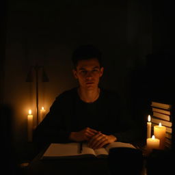 A young man in a dark room illuminated by soft candlelight, sitting at a desk with a notebook in front of him