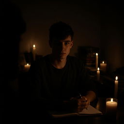 A young man in a dark room illuminated by soft candlelight, sitting at a desk with a notebook in front of him