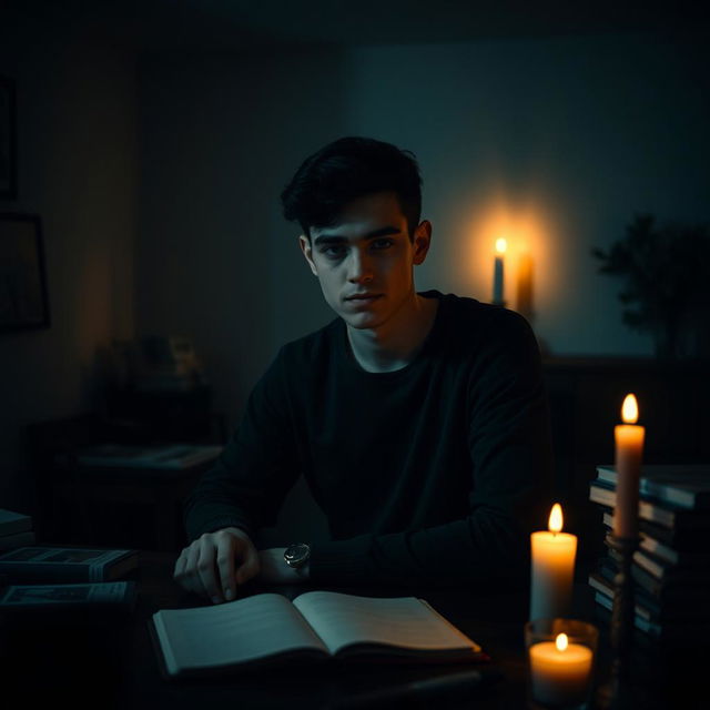 A young man in a dark room illuminated by soft candlelight, sitting at a desk with a notebook in front of him