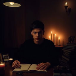 A young man in a dark room illuminated by soft candlelight, sitting at a desk with a notebook in front of him