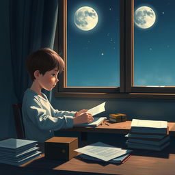 A serene scene of a young boy studying under the moonlight