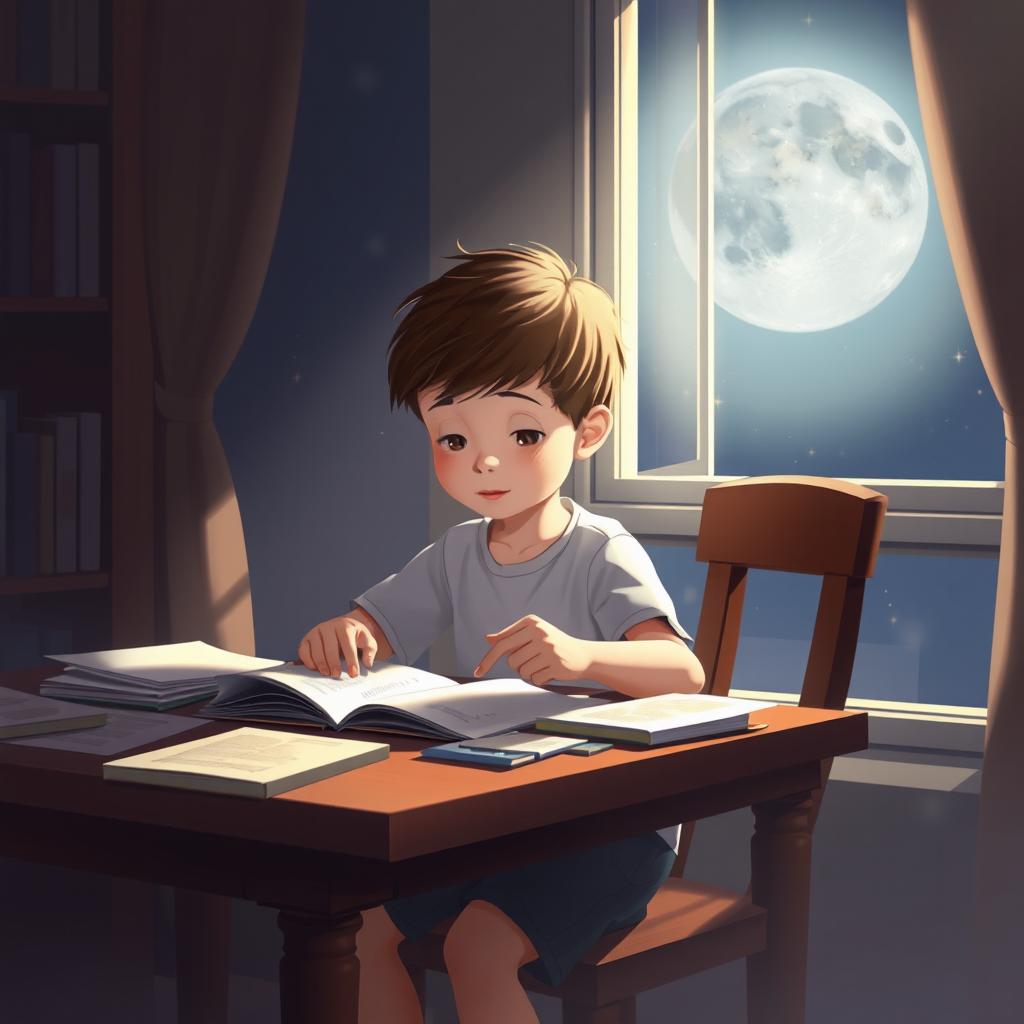 A serene scene of a young boy studying under the moonlight