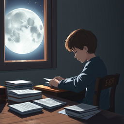 A serene scene of a young boy studying under the moonlight