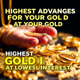 A visually striking promotional graphic for a gold loan service, emphasizing 'Highest Advances for Your Gold at Lowest Interest'