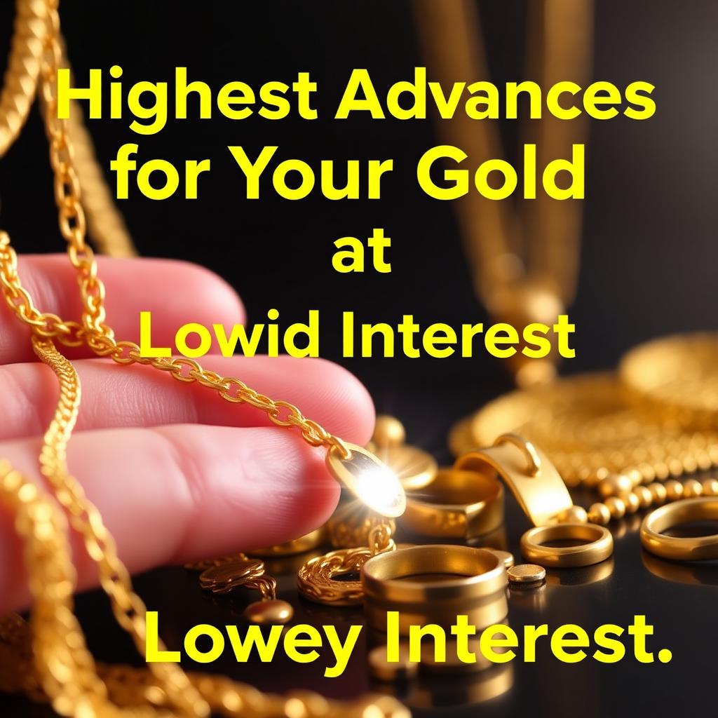 A visually striking promotional graphic for a gold loan service, emphasizing 'Highest Advances for Your Gold at Lowest Interest'