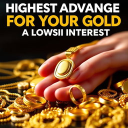 A visually striking promotional graphic for a gold loan service, emphasizing 'Highest Advances for Your Gold at Lowest Interest'