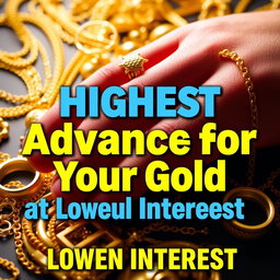 A visually striking promotional graphic for a gold loan service, emphasizing 'Highest Advances for Your Gold at Lowest Interest'