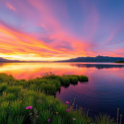 A beautiful panoramic landscape of a sunset over a tranquil lake