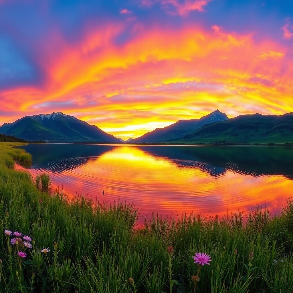 A beautiful panoramic landscape of a sunset over a tranquil lake
