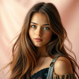 A stunning profile image of a young woman with long, flowing brown hair and captivating green eyes