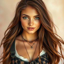 A stunning profile image of a young woman with long, flowing brown hair and captivating green eyes