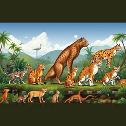 A visually engaging illustration depicting the evolutionary history of the cat family, showcasing various species over time, including ancient wildcats like the Felis silvestris, the larger Saber-toothed cat, and modern domestic cats