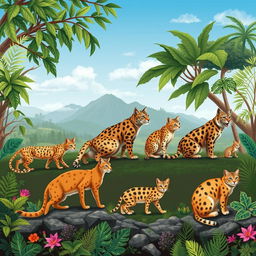 A visually engaging illustration depicting the evolutionary history of the cat family, showcasing various species over time, including ancient wildcats like the Felis silvestris, the larger Saber-toothed cat, and modern domestic cats