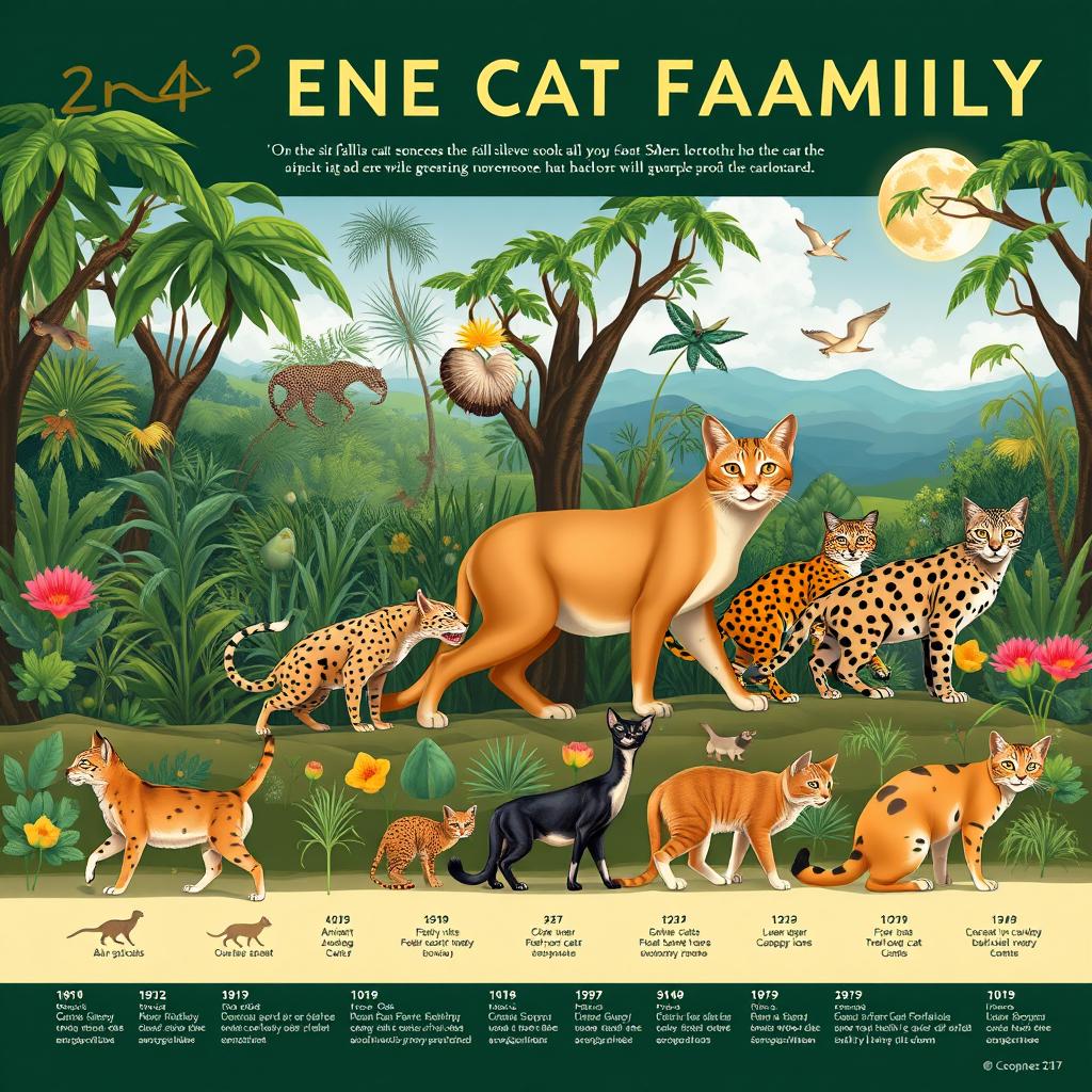 A visually engaging illustration depicting the evolutionary history of the cat family, showcasing various species over time, including ancient wildcats like the Felis silvestris, the larger Saber-toothed cat, and modern domestic cats
