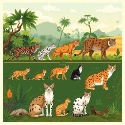 A visually engaging illustration depicting the evolutionary history of the cat family, showcasing various species over time, including ancient wildcats like the Felis silvestris, the larger Saber-toothed cat, and modern domestic cats