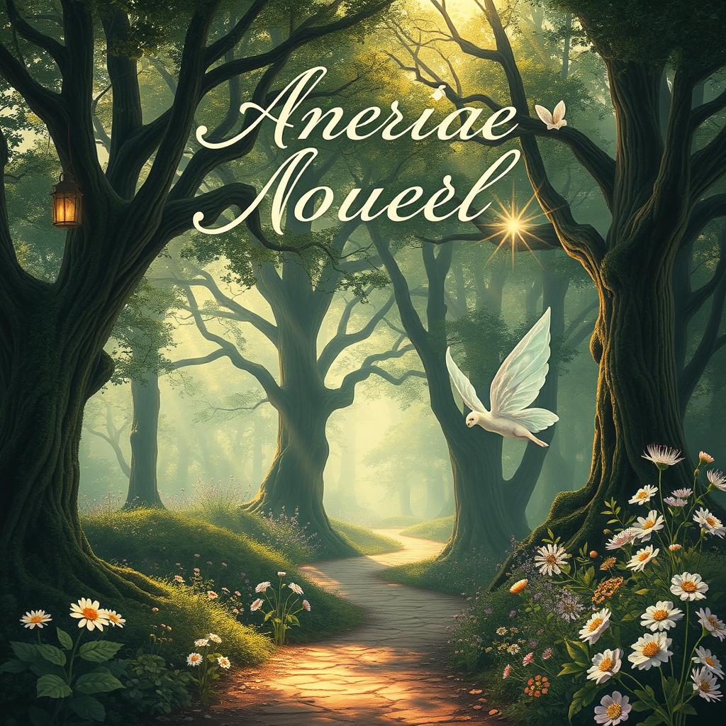 An enchanting novel cover featuring a majestic forest with towering ancient trees and dappled sunlight streaming through the leaves