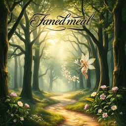 An enchanting novel cover featuring a majestic forest with towering ancient trees and dappled sunlight streaming through the leaves