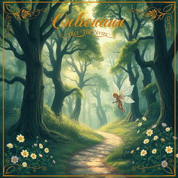 An enchanting novel cover featuring a majestic forest with towering ancient trees and dappled sunlight streaming through the leaves