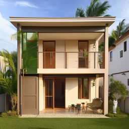 A compact 45 square meter house with 2 bedrooms, 1 with an attached bathroom. It features an open kitchen, a common living area with a second shared bathroom, and a spacious balcony.