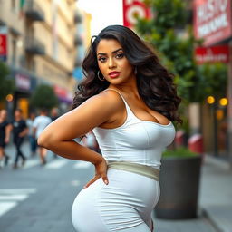 A stunning and curvy lady with an emphasized figure, showcasing her voluptuous silhouette