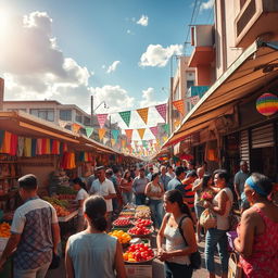 A vibrant urban street market scene, bustling with life and energy