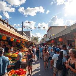 A vibrant urban street market scene, bustling with life and energy