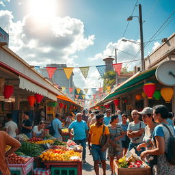A vibrant urban street market scene, bustling with life and energy