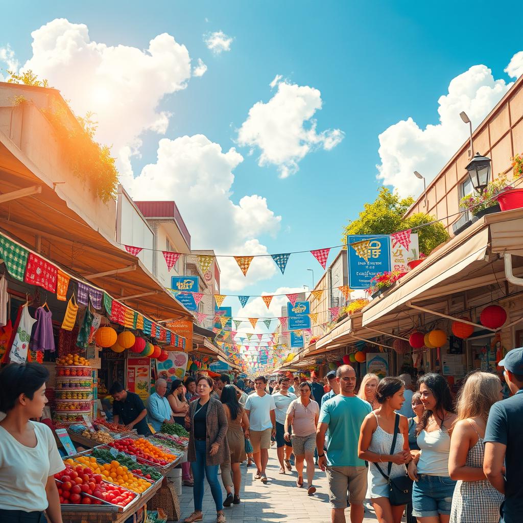 A vibrant urban street market scene, bustling with life and energy