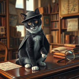 A cozy Victorian study filled with books, antique maps adorning the walls, and a polished wooden desk cluttered with a magnifying glass