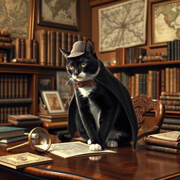 A cozy Victorian study filled with books, antique maps adorning the walls, and a polished wooden desk cluttered with a magnifying glass