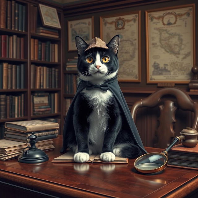 A cozy Victorian study filled with books, antique maps adorning the walls, and a polished wooden desk cluttered with a magnifying glass