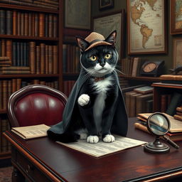 A cozy Victorian study filled with books, antique maps adorning the walls, and a polished wooden desk cluttered with a magnifying glass