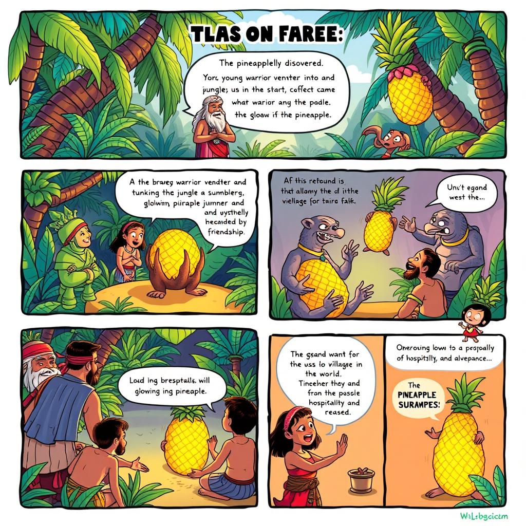 A 2-page comic strip showcasing the whimsical legend of the pineapple