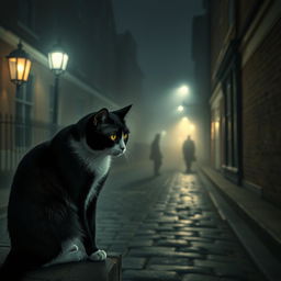 A foggy London street at night, illuminated by vintage gas lamps casting a soft glow over the cobblestone alleyway