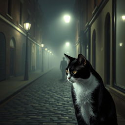 A foggy London street at night, illuminated by vintage gas lamps casting a soft glow over the cobblestone alleyway