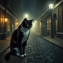A foggy London street at night, illuminated by vintage gas lamps casting a soft glow over the cobblestone alleyway