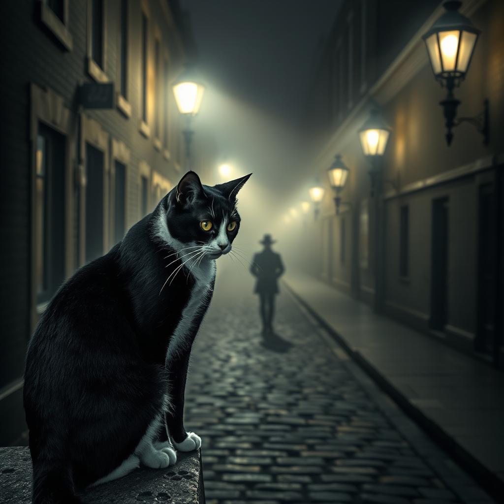 A foggy London street at night, illuminated by vintage gas lamps casting a soft glow over the cobblestone alleyway