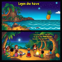 A whimsical two-page comic strip depicting the legend of pineapple