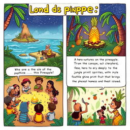 A whimsical two-page comic strip depicting the legend of pineapple