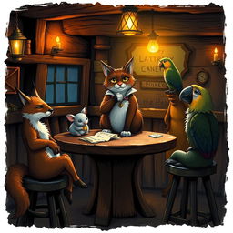 Inside a dimly lit pub, a group of anthropomorphic animals gather around a rustic wooden table