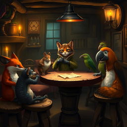 Inside a dimly lit pub, a group of anthropomorphic animals gather around a rustic wooden table