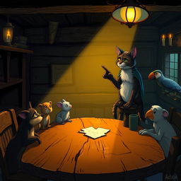 Inside a dimly lit pub, a group of anthropomorphic animals gather around a rustic wooden table