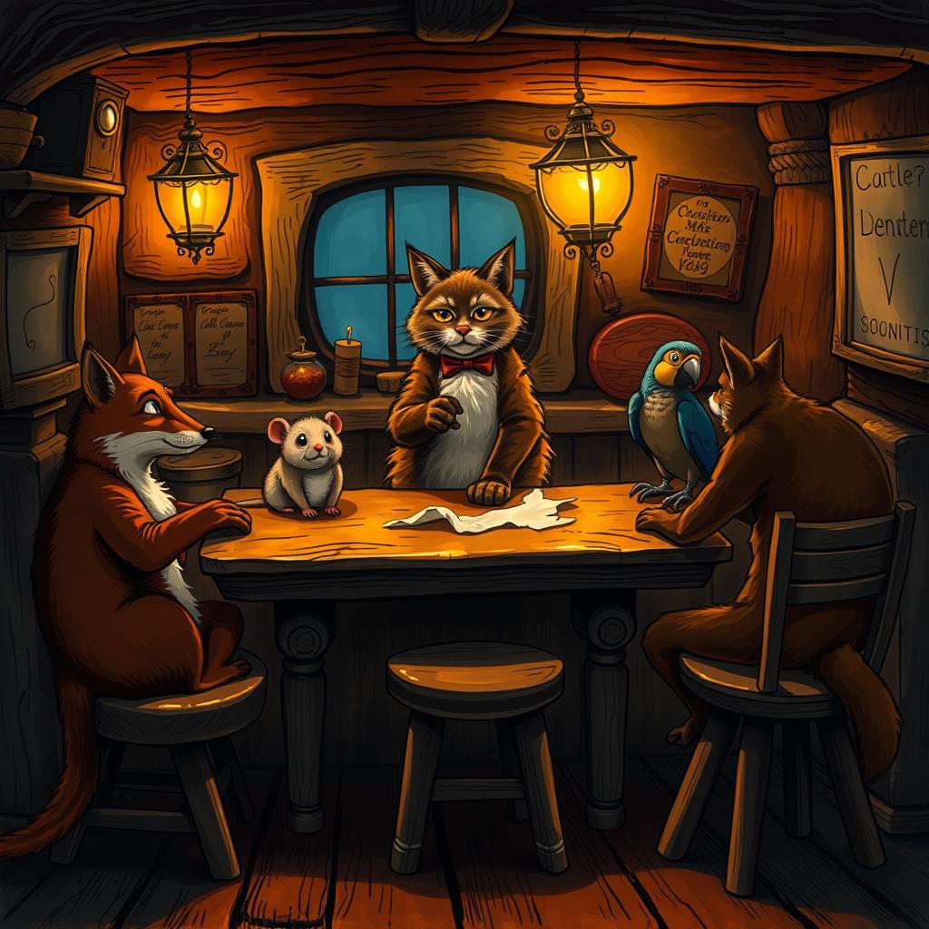 Inside a dimly lit pub, a group of anthropomorphic animals gather around a rustic wooden table