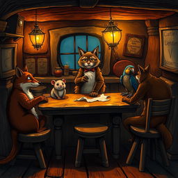 Inside a dimly lit pub, a group of anthropomorphic animals gather around a rustic wooden table