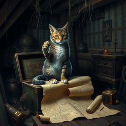 In an abandoned mansion's secret attic, filled with cobwebs and a sense of mystery, hidden treasures and ancient artifacts are scattered around
